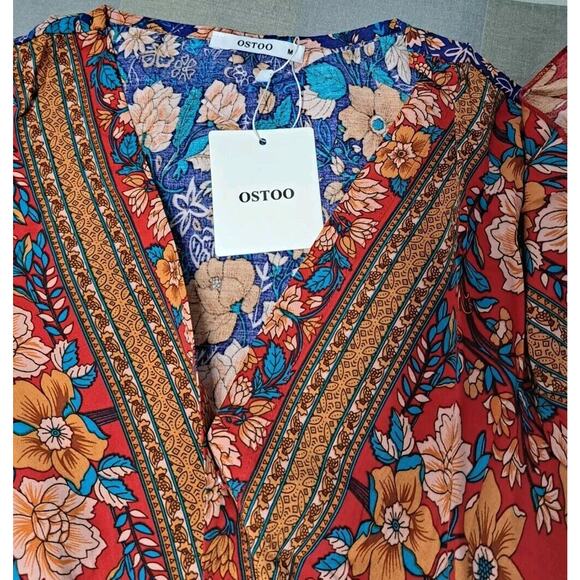 Womens Bohemia Side Split V Neck Ruffles Short Sleeves Maxi Dress with Belt Sz M - Picture 13 of 16